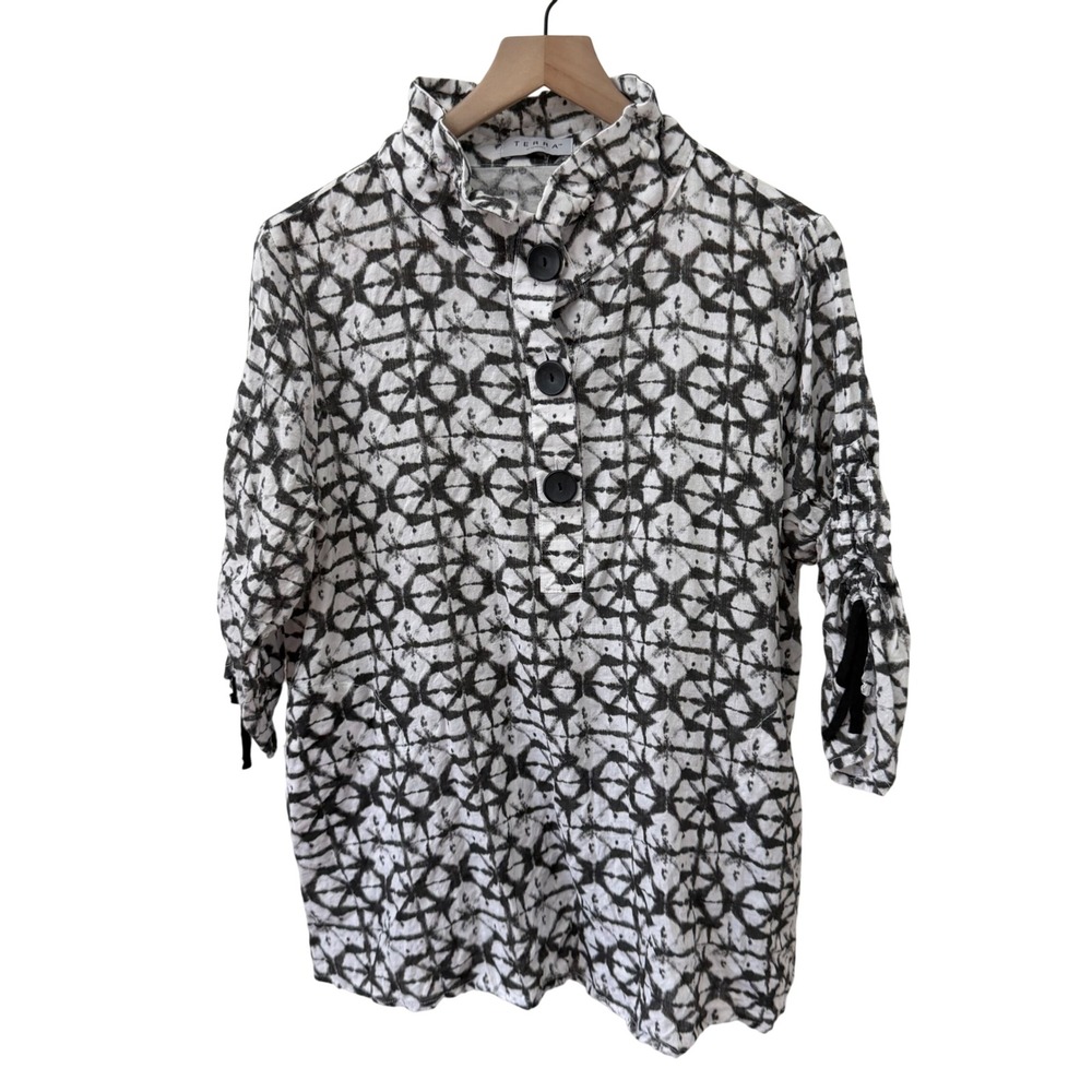 Terra Tunic Top Large Black White Tie Dye Cotton Ruffle Neck Ruched Sleeve
